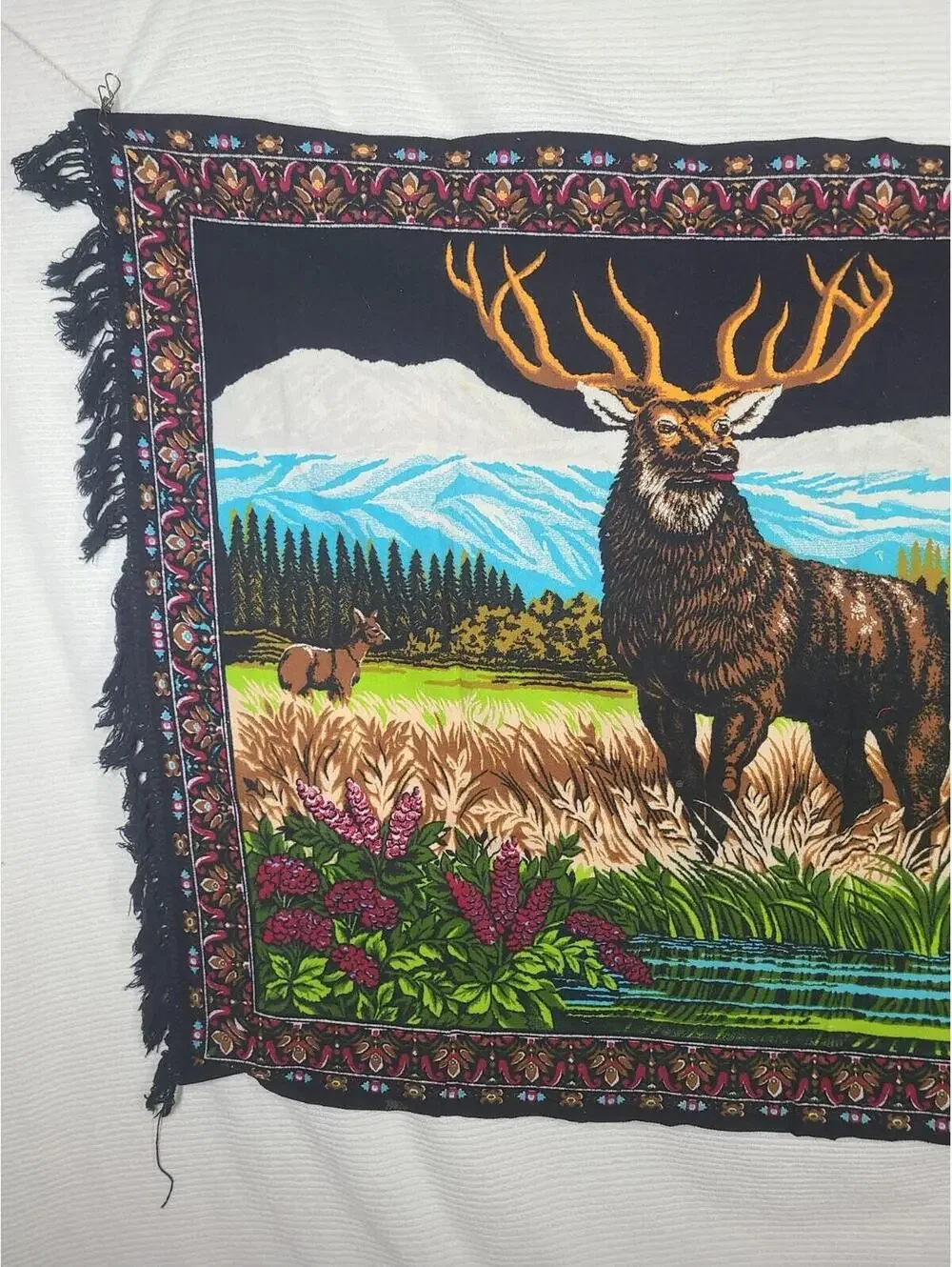 Vtg Velvet Tapestry Nature Deer Buck Scene Cotton Wall Art 39x58” Retro Home Dec